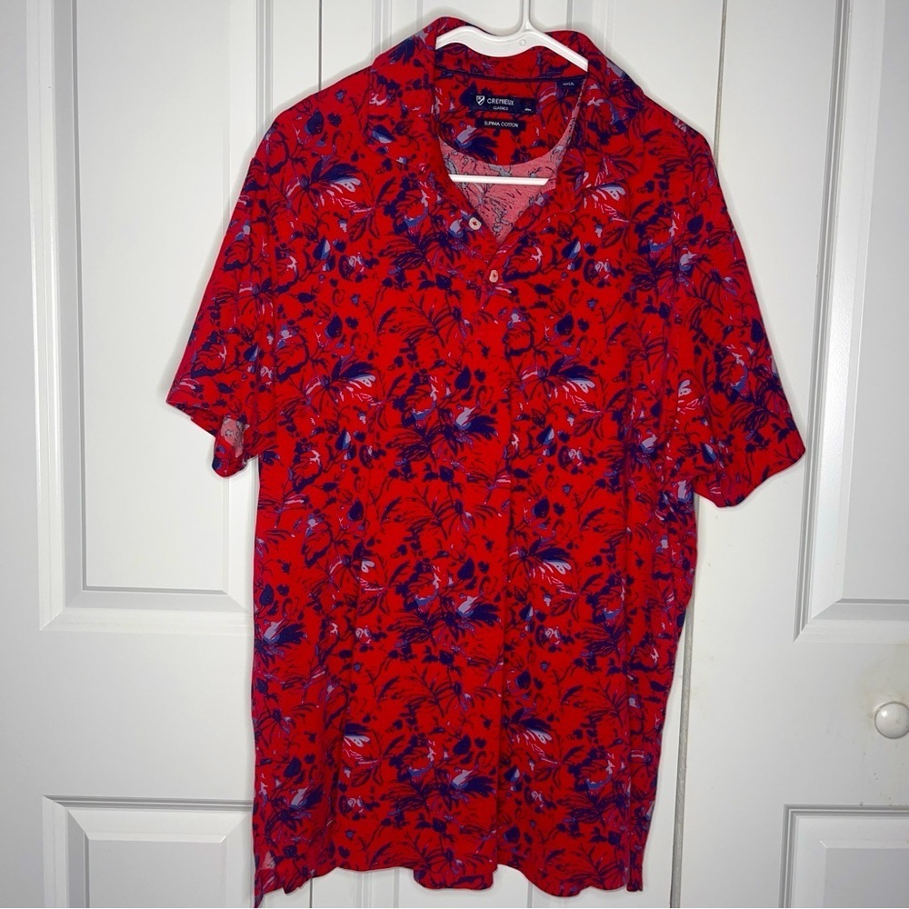 Cremieux Classics Supima Cotton Polo Size XL Red Floral Tropical Hawaii Beach